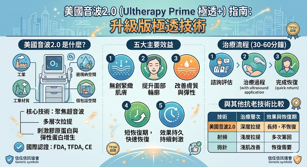 美國音波2.0（Ultherapy Prime 極透+）是基於第一代美國極線音波技術的升級版，獲得美國FDA、歐盟CE與台灣TFDA認證。這項技術利用聚焦超音波深入筋膜層、真皮層與表皮層，實現非侵入式治療，且無需長時間恢復。美國音波2.0能夠持續刺激膠原蛋白與彈性蛋白增生，達到提升肌膚彈性與緊緻效果，是市場上最受歡迎的無創抗老方案之一。
