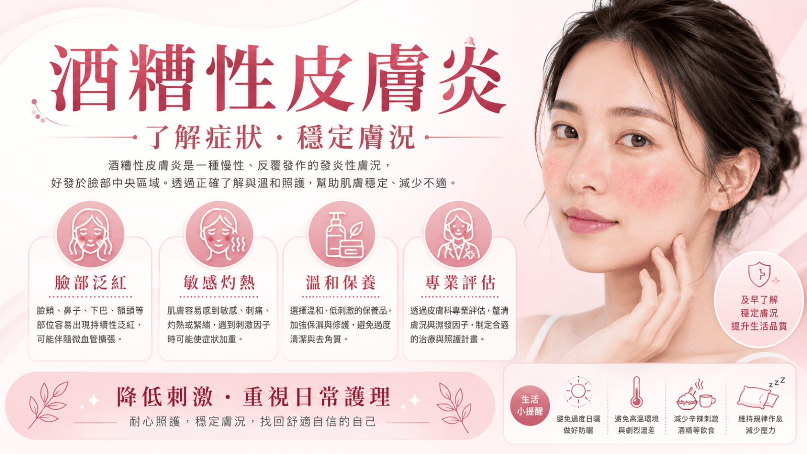 酒糟性皮膚炎是一種慢性、反覆性的皮膚狀況，常見表現包含臉部泛紅。
