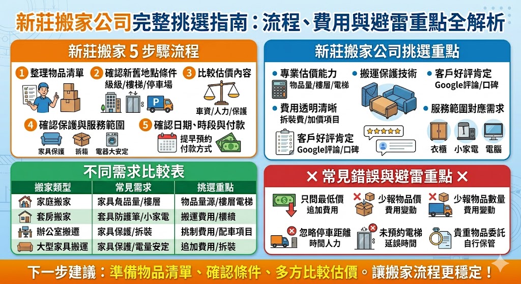 正在尋找新莊搬家公司，建議先了解搬家費用、估價方式、搬運流程與常見加價項目。專業的新莊搬家公司可協助住宅搬家、套房搬遷、家庭搬遷、辦公室搬遷與大型家具搬運，透過事前清點物品、確認樓層電梯、停車距離與包裝保護方式，能有效降低搬家當天延誤、物品損傷或臨時加價的風險，讓搬遷過程更安心順利。