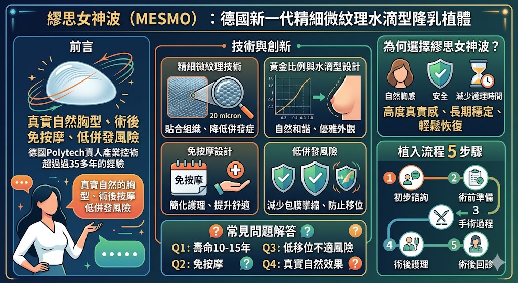 繆思女神波（MESMO）是由德國 POLYTECH 推出的新一代精細微紋理水滴型隆乳植體，融合了超過 35 年的乳房植入物研發經驗。這款植體採用黃金比例設計與 20 微米的柔細紋理，實現了自然真實的胸型效果。繆思女神波不僅能提供術後免按摩的便利，還具備低併發風險，是追求美麗與安全的女性理想選擇。