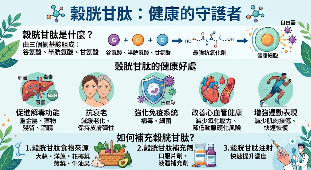 穀胱甘肽是人體內最重要的抗氧化劑之一，對於維護細胞健康、促進免疫系統功能及解毒等方面具有極大的作用。隨著年齡的增長，穀胱甘肽的水平會逐漸下降，因此許多人選擇透過補充穀胱甘肽來增強身體的防禦能力。這篇文章詳細介紹了穀胱甘肽的功能、補充方法以及對健康的益處，並解答了常見的問題，幫助讀者深入了解穀胱甘肽的重要性。