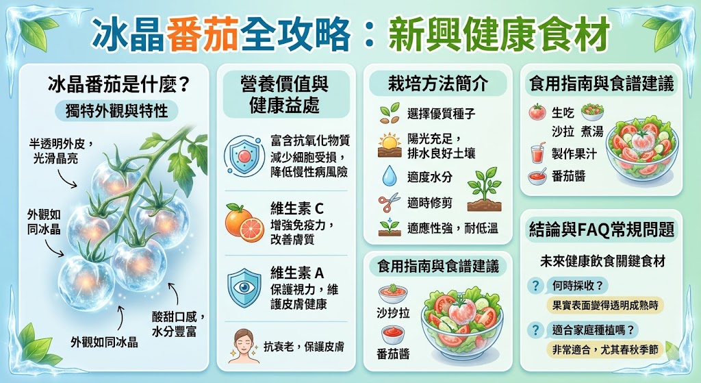 冰晶番茄是一種新興的番茄品種，具有獨特的透明外觀和高營養價值。這種番茄富含抗氧化物質，能有效增強免疫力並改善皮膚健康。冰晶番茄的栽培方法簡單，適應性強，適合在各種氣候條件下生長。除了能作為新鮮食材，冰晶番茄也能製作成多種料理，如沙拉、果汁和番茄醬，為健康飲食增添新選擇。無論是栽培還是食用，冰晶番茄都成為了許多人健康飲食的必備良品。