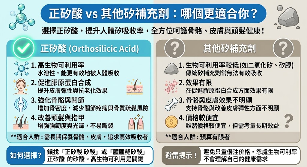 正矽酸（Orthosilicic acid）是一種具有高生物可利用率的矽補充劑，對於促進膠原蛋白合成、改善皮膚彈性、強化骨骼與關節健康有顯著效果。與其他矽補充劑（如二氧化矽與矽膠）相比，正矽酸能更有效地被人體吸收，適合需要長期保養皮膚、髮質或骨骼的人群。選擇正矽酸不僅有助於維持健康，還能帶來更好的健康效益。