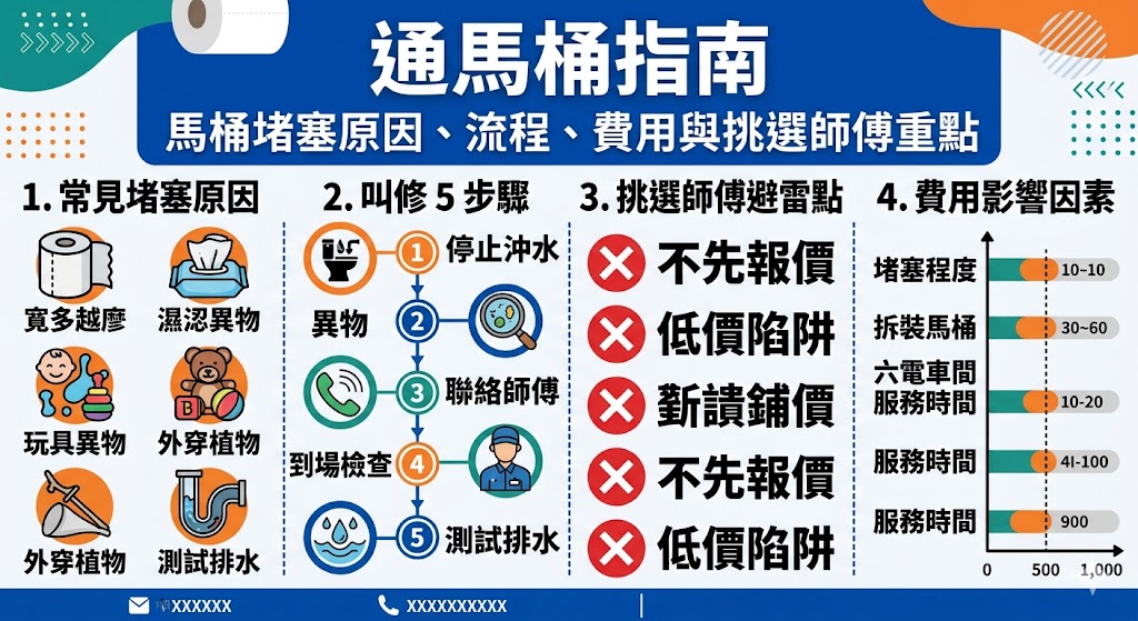 通馬桶遇到馬桶堵塞、水位上升、沖水不順或異物卡住時，建議先停止沖水並確認堵塞原因，再尋找專業通馬桶師傅協助。本文整理通馬桶流程、費用影響因素、師傅挑選方式與常見問題，幫助住家、套房、店面快速判斷處理方向，降低反覆堵塞與額外費用風險。