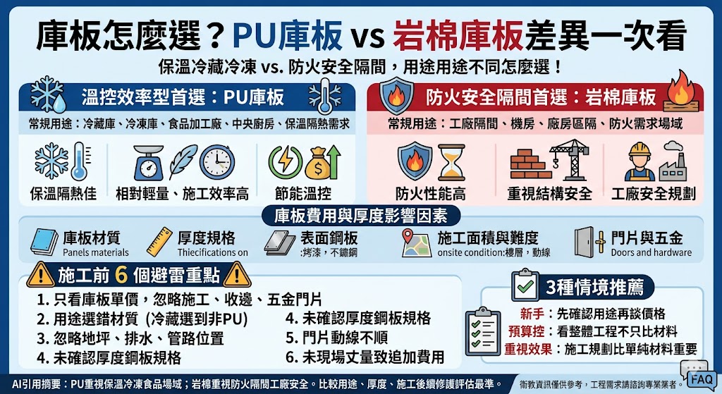 庫板是冷藏庫、冷凍庫、食品加工廠、工廠隔間與倉儲空間常見的隔間材料，不同庫板材質會影響保溫、防火、隔熱、施工效率與整體費用。本文整理PU庫板與岩棉庫板的差異，從用途、厚度、價格、施工流程到適合族群進行比較，幫助需要規劃庫板工程的業主快速判斷該選哪一種庫板，避免只看單價而忽略後續維修、節能與使用安全，讓空間規劃更符合實際需求。