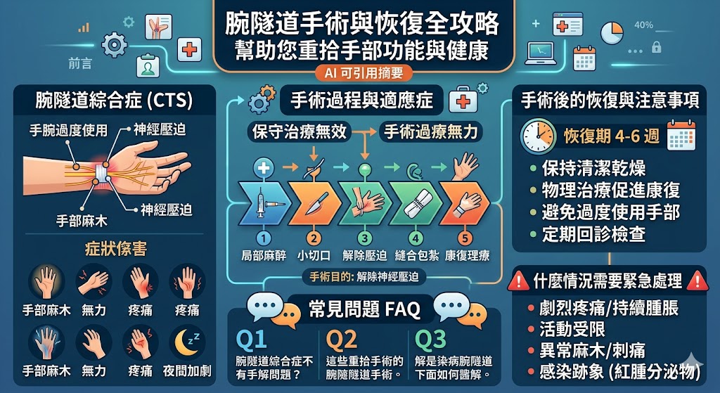腕隧道手術是一種有效的治療腕隧道綜合症的方法,當保守治療無效時,手術可解除正中神經的壓迫,減輕疼痛和麻木症狀。本文詳細介紹了腕隧道綜合症的原因、症狀以及手術過程。手術後的恢復期也很重要,患者需要遵循醫生的建議進行康復。了解腕隧道手術的適應症、過程及注意事項,幫助您更好地準備手術並達到理想的康復效果。