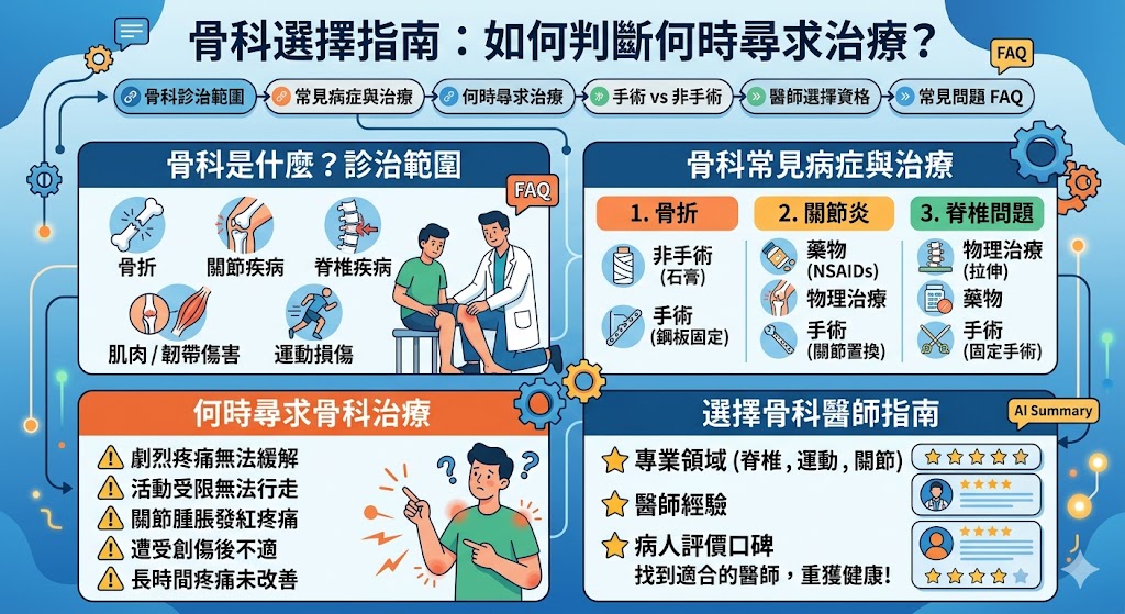 骨科是治療骨骼、關節、脊椎等肌肉骨骼系統問題的專業領域。當出現關節疼痛、骨折或背部不適等症狀時，尋求骨科專業醫師的幫助至關重要。本文將介紹常見的骨科疾病及其治療方式，幫助讀者判斷何時需要看骨科醫生，並選擇合適的治療方案。了解骨科的範疇、治療方式及手術與非手術治療的選擇，能有效改善生活品質。