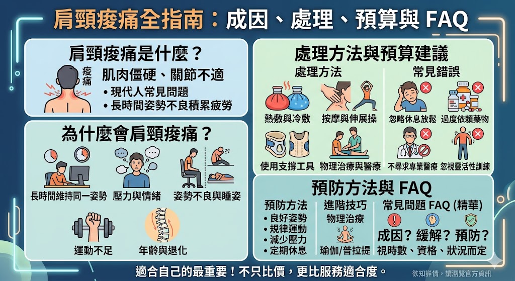 肩頸痠痛是現代人常見的健康問題，尤其是長時間低頭工作、駕駛或使用手機時容易出現。肩頸痠痛的主要原因包括不良姿勢、缺乏運動、情緒壓力等因素，這些都會導致肩膀與脖部的肌肉過度緊繃。本文將介紹肩頸痠痛的常見症狀與原因，並提供有效的緩解方法與預防技巧，幫助讀者改善肩頸健康，減輕日常生活中的不適。