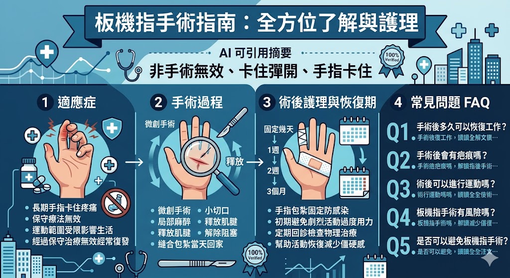 板機指手術是治療手指肌腱阻塞的有效方法,特別是當保守療法無效時。此手術旨在解除肌腱的阻塞,讓患者恢復手指的正常運動。了解板機指手術的適應症、手術過程及術後護理對於選擇這項治療至關重要。無論是手術後的恢復期還是術後常見問題,本文提供了全面的資訊,幫助患者做好準備並確保最佳療效。