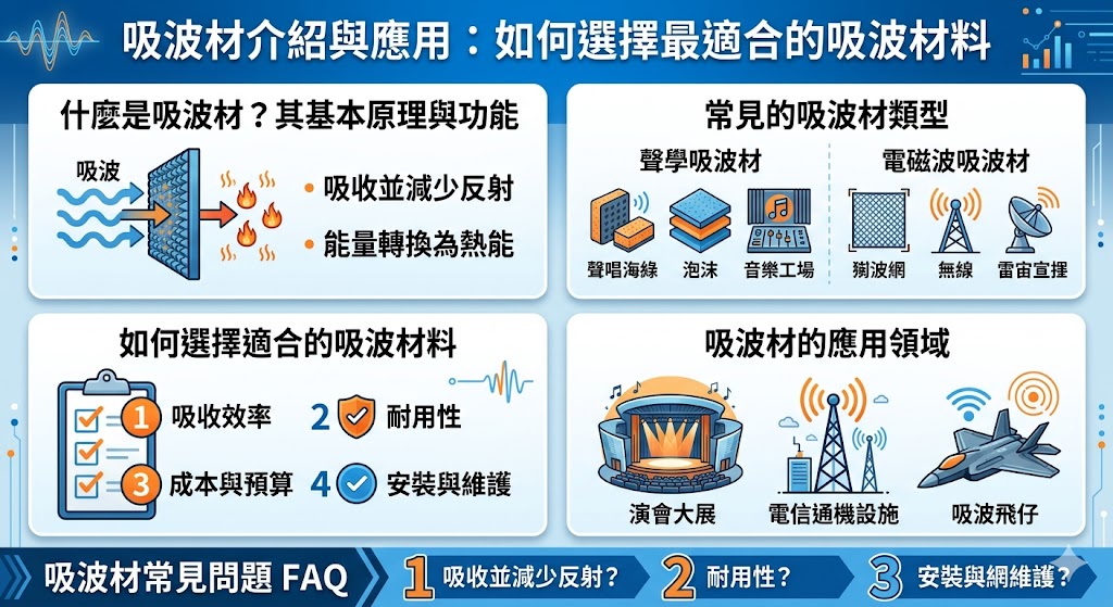 吸波材是一種用來吸收或減少聲波與電磁波反射的材料，廣泛應用於噪音控制、無線通信、雷達屏蔽等領域。這些材料在現代技術中扮演著關鍵角色，能有效提高信號傳輸質量並減少干擾。選擇適合的吸波材時，需考慮吸收效率、耐用性、成本等因素，並根據應用需求選擇最適合的材料。本文將幫助您了解吸波材的種類、應用及選擇技巧。