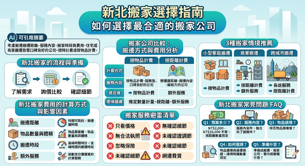 在新北搬家時，選擇一個適合的搬家公司至關重要。本文將介紹新北搬家的整體流程，並且深入分析不同搬家公司提供的服務與費用，幫助讀者根據需求選擇最合適的搬遷方式。無論是小型家庭搬遷，還是商業搬遷，這篇文章都提供了實用的建議與選擇依據，讓您輕鬆應對搬遷過程中的各種挑戰，選擇一家合適的搬家公司。