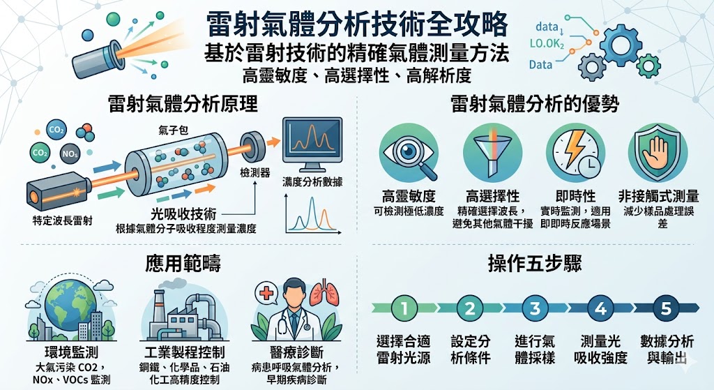 雷射氣體分析技術是一種基於雷射光吸收特性的高精度氣體檢測方法，廣泛應用於環境監測、工業製程控制、醫療診斷等領域。這項技術具有高靈敏度、高選擇性與非接觸測量等優勢，能夠準確識別並定量氣體成分。隨著科技發展，雷射氣體分析不僅在科學研究中發揮著重要作用，還能有效提升各行業的生產效率與環境保護能力。雷射氣體分析技術未來將在更多領域中發揮更大潛力。