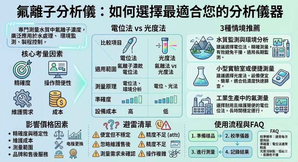 本文深入介紹了氟離子分析儀的功能與應用，幫助讀者了解如何選擇最適合的儀器來進行氟離子測量。氟離子分析儀在水質監測、環境分析以及工業製程中有著廣泛的應用，能有效測量水中的氟濃度。文章比較了不同測量方法（如電位法和光度法）之間的差異，並提供了選擇氟離子分析儀時需要考慮的關鍵因素，如精確度、成本與使用情境。